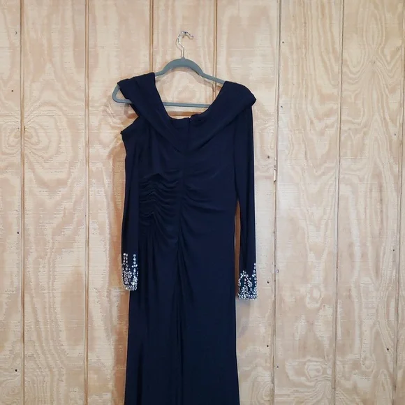 Mac Duggal Navy One Shoulder Jeweled Cuff Drape Jersey Maxi Dress Size 10 #12231 - Picture 2 of 9